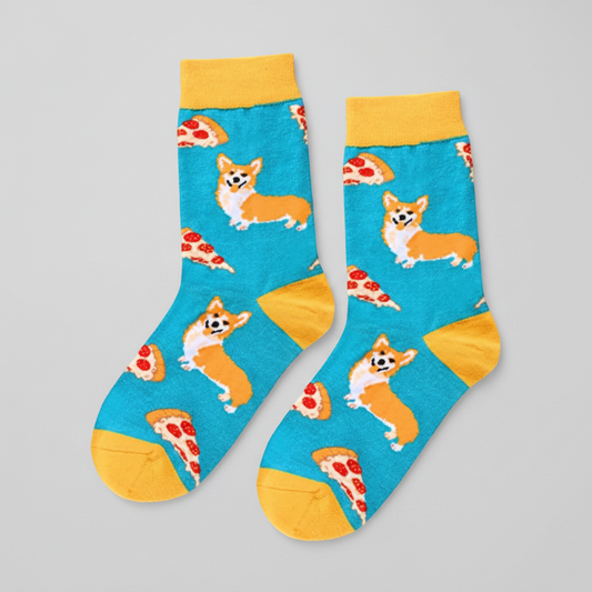 Pair of socks with corgi and pizza pattern on a blue background