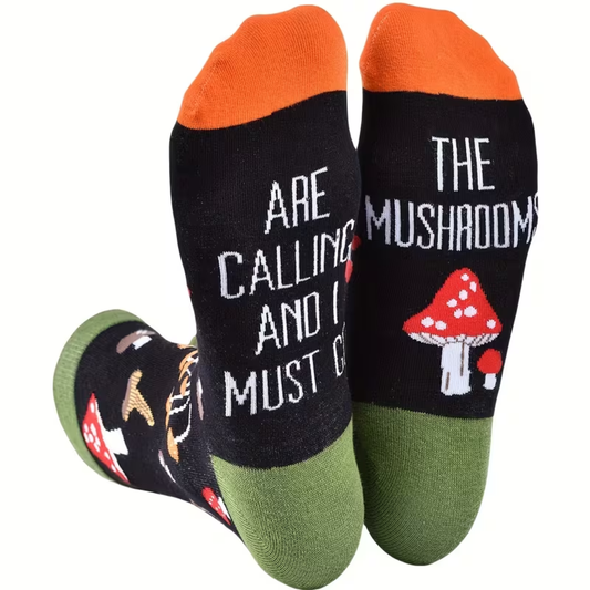 Pair of socks with mushroom design and text on a white background