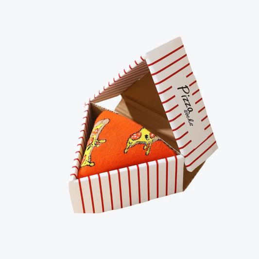 Triangular pizza box with cartoon characters on a white background