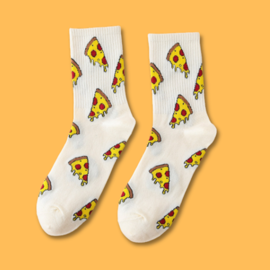 White socks with pizza slice pattern on a yellow background