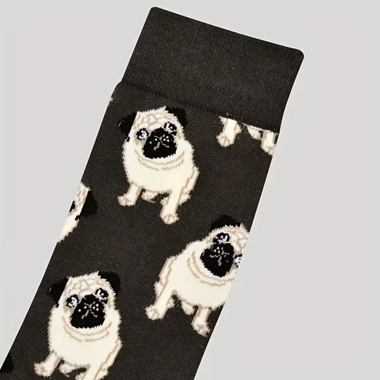 Black sock with pug dog pattern
