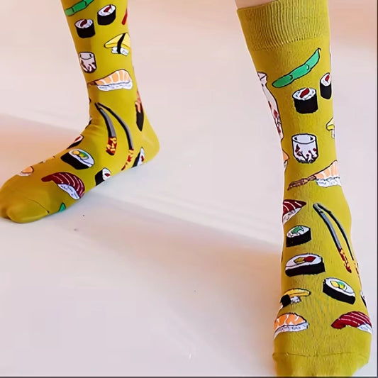 Yellow socks with sushi pattern.