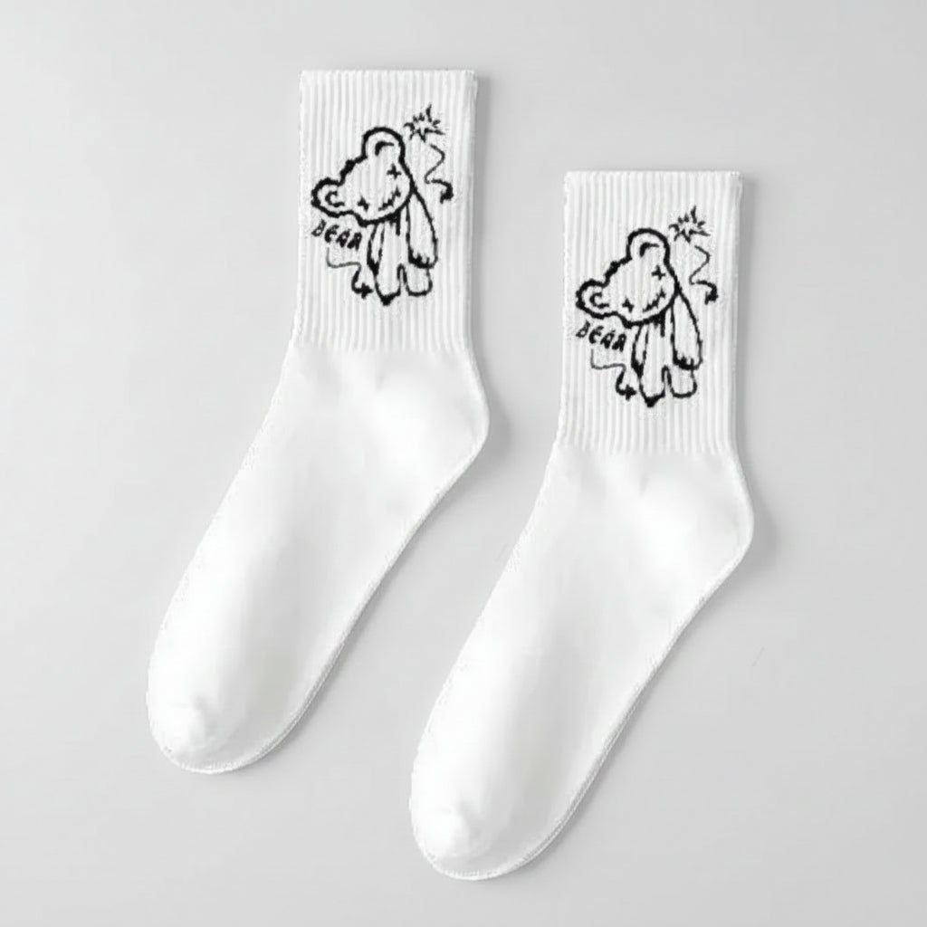 White socks with black bear illustrations 