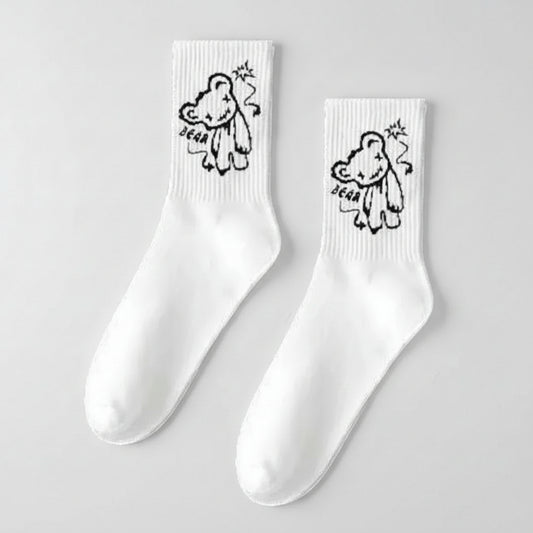White socks with black bear illustrations 