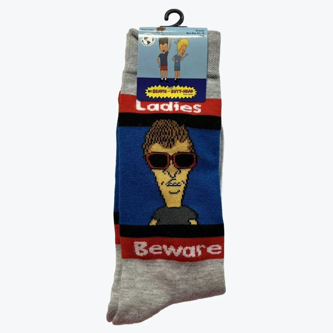 Sock with cartoon character design and text