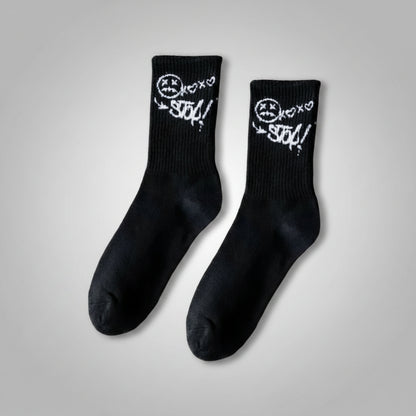 Black socks with white text