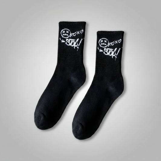 Black socks with white text