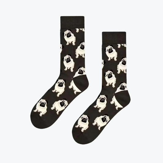 Brown socks with pug dog pattern