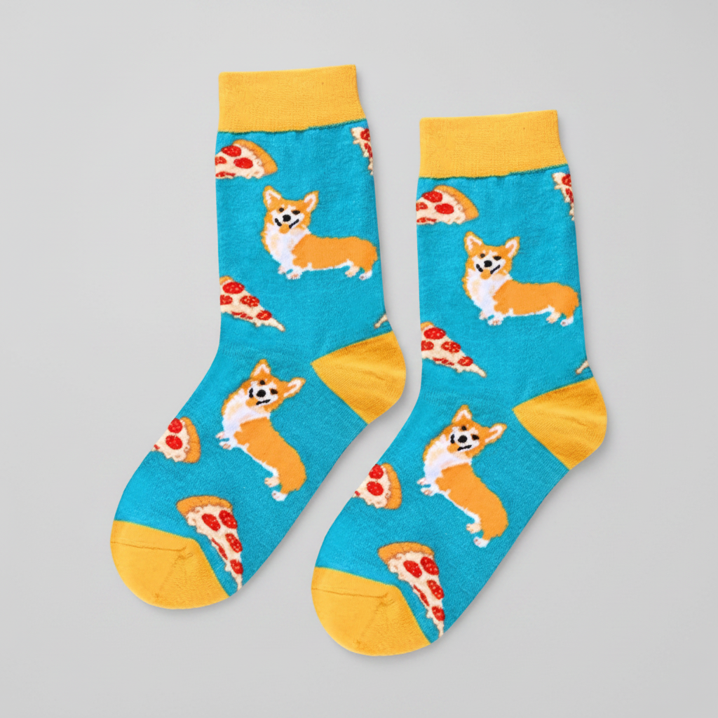 Pair of socks with corgi and pizza pattern on a blue background