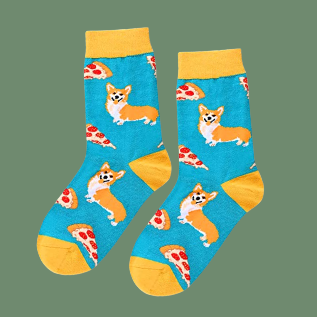 Pair of socks with corgi and pizza pattern on a blue background