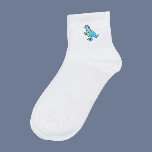 White sock with a blue dinosaur design on a gray background