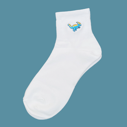 White sock with a blue and yellow logo on a teal background