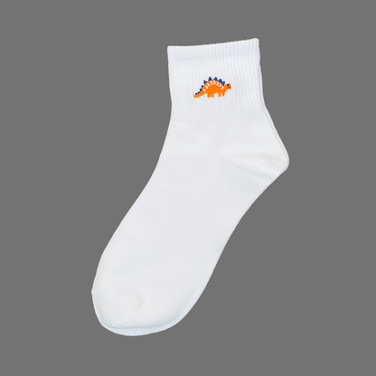 White sock with a small dinosaur design on a gray background