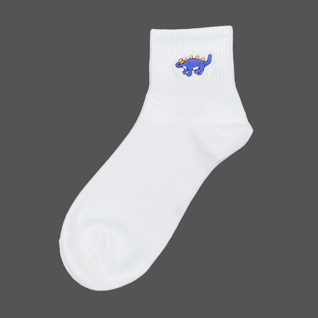 White sock with a blue and red graphic on a dark gray background