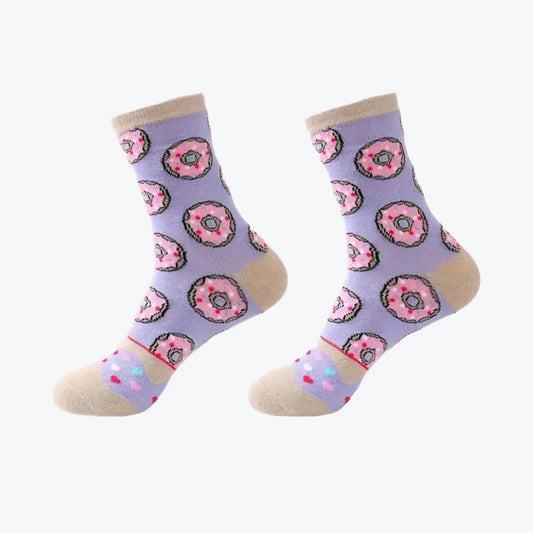 Pair of socks with donut pattern on a light purple background