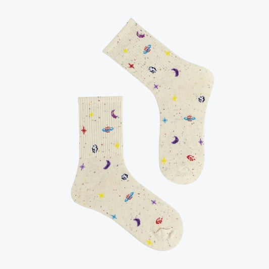 Pair of cream socks with colorful patterns on a white background