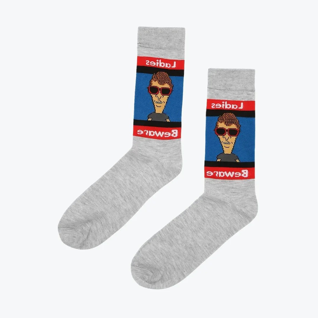 Gray socks with a graphic design of a man wearing sunglasses and text 'Ladies' and 'Beware'
