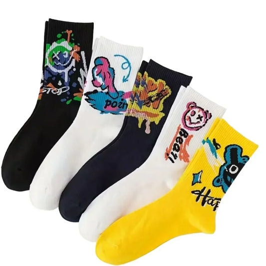 Set of colorful socks with various designs on a white background