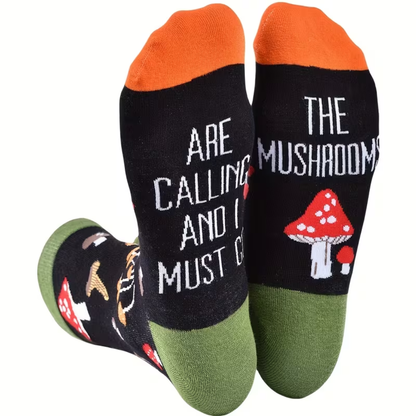 Pair of socks with mushroom design and text on a white background