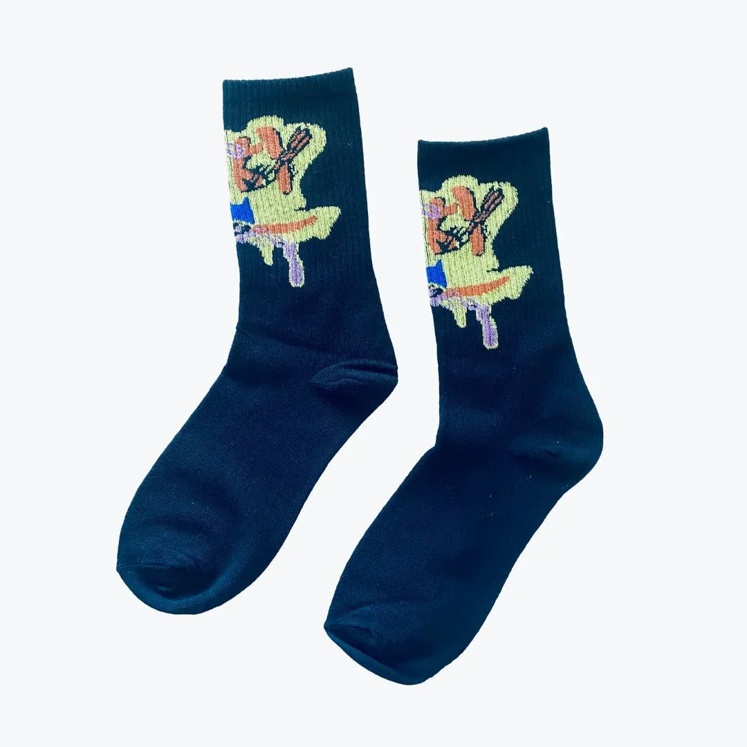 Pair of dark blue socks with colorful embroidered designs 