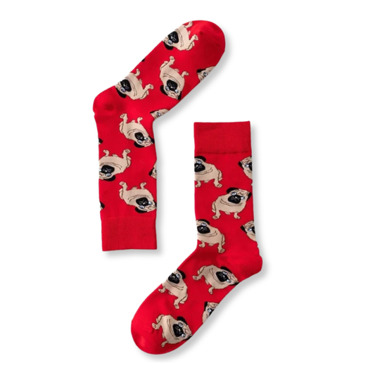 Red socks with pug dog pattern on a white background