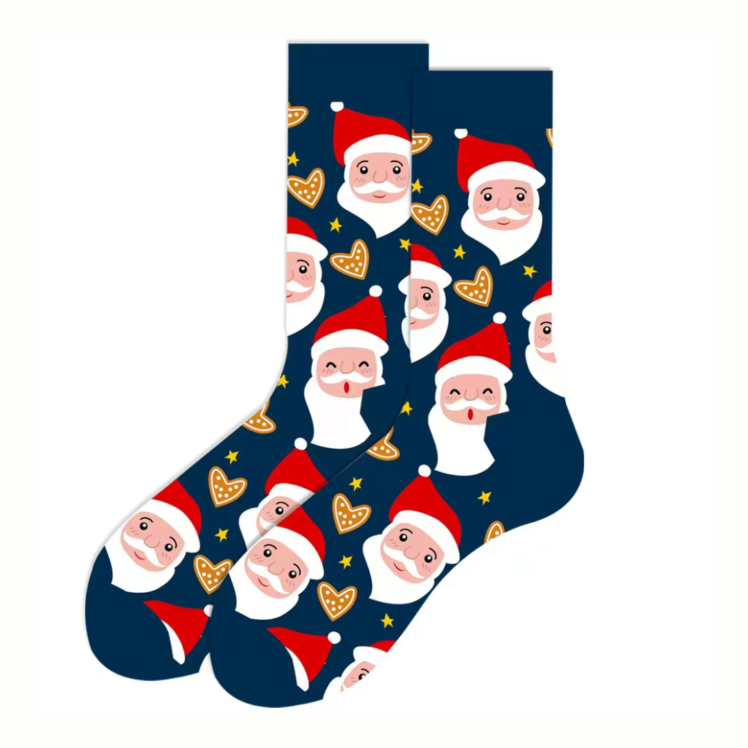 Navy blue sock with Santa Claus pattern on a white background