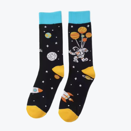 Sock with space-themed design featuring an astronaut 