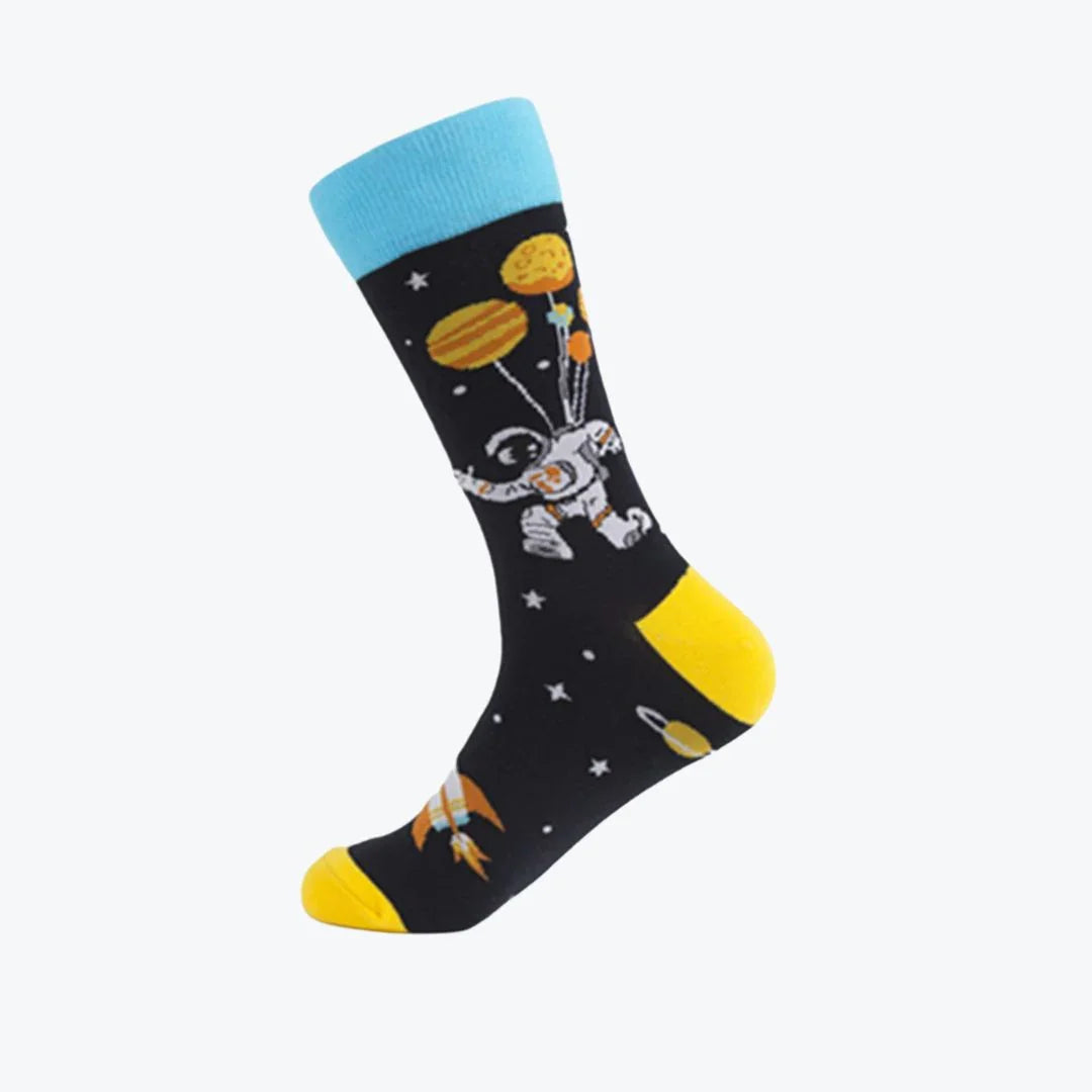 Sock with space-themed design featuring an astronaut 