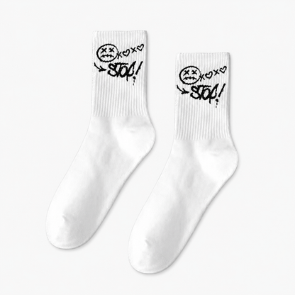 White_socks_with_black_text_