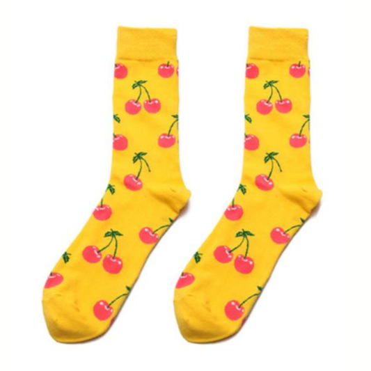 Yellow socks with cherry pattern on a white background